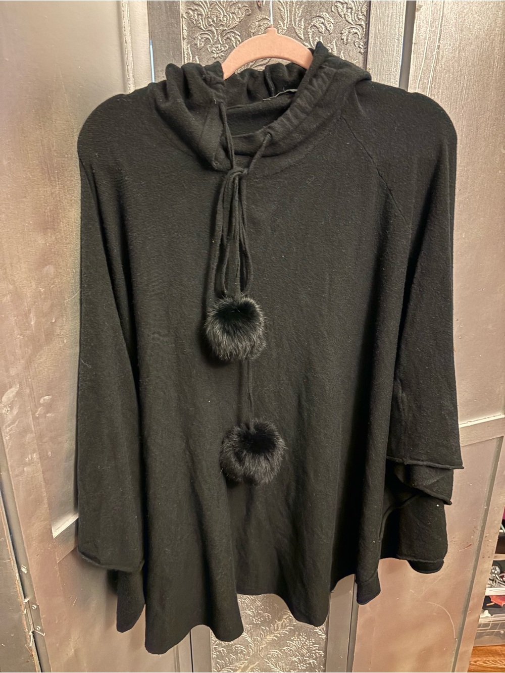 Black Hooded real fur Pom-Pom Sweater Poncho - Women made in Italy